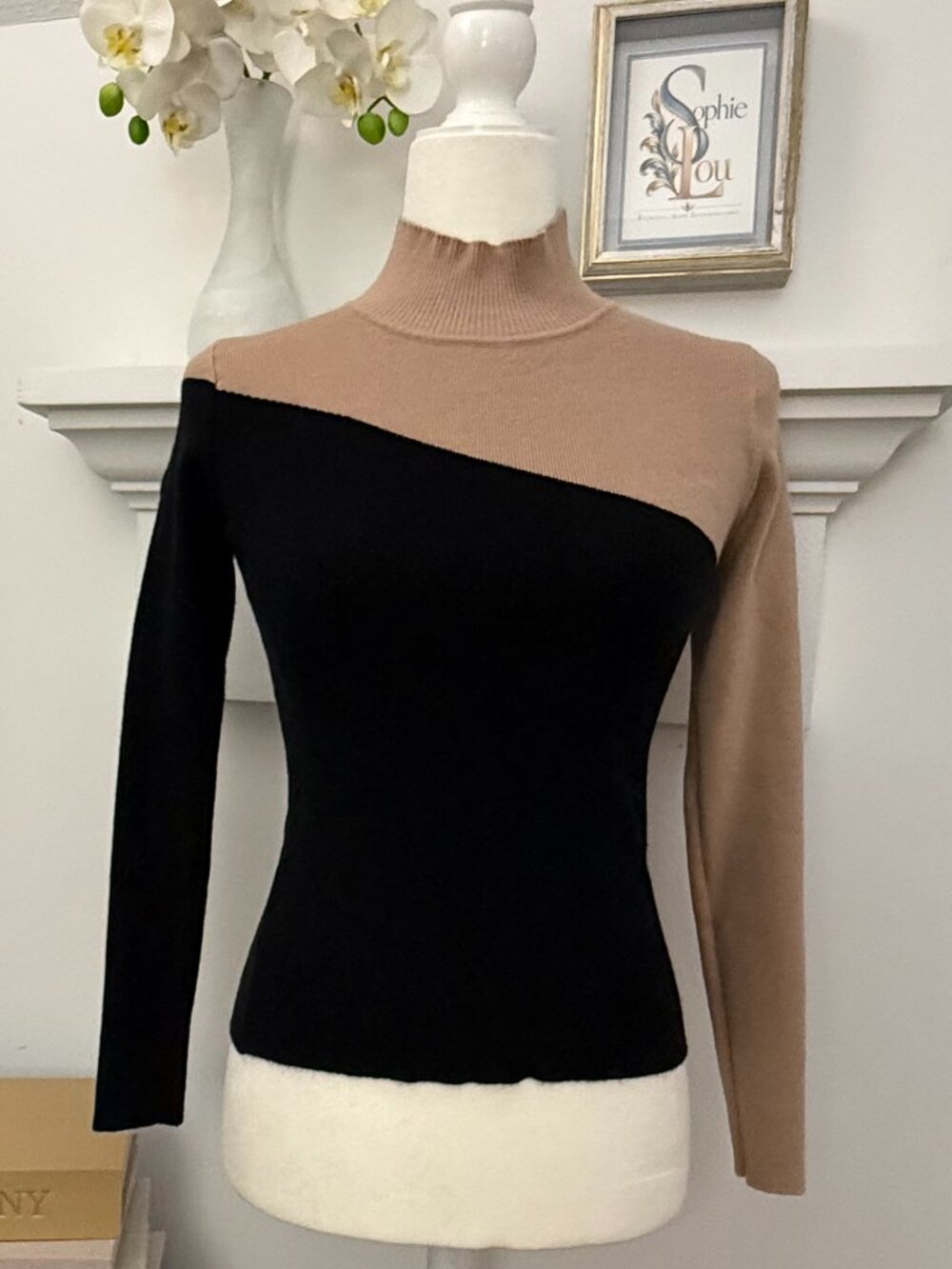 Black Taupe Asymmetrical Colorblock Mock Neck Sweater S